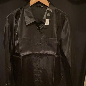 Sleek Black Satin Button-Up Shirt